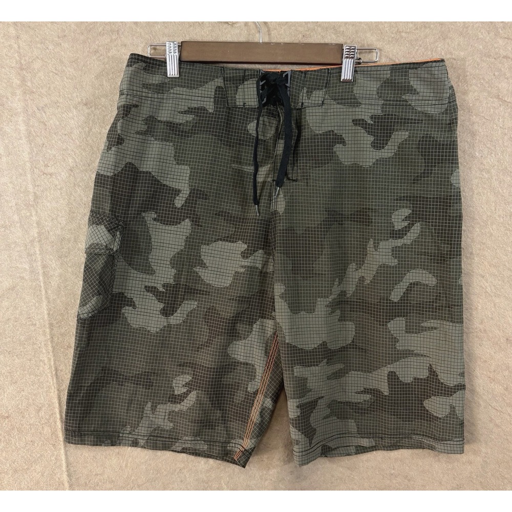 Projek‎ Raw Board Shorts Mens Sz L Green Camo Surf Gear Pockets 11" Inseam